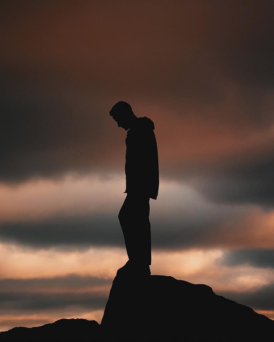 Silhouette, Sunset, Nature, Man, Sad, Depression, Alone, Thinking, Lonely, Sky, Clouds