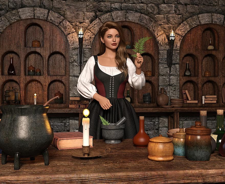 Woman, Herbalist, Potion, Alchemist, Cauldron, Alchemy, Candles, Mortar, Botany, Plant, women