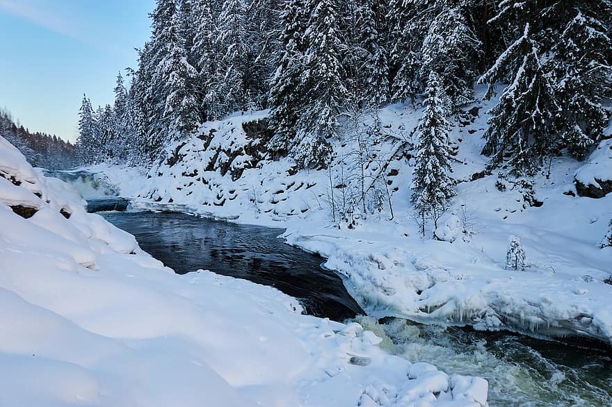River, Nature, Winter, Snow, Season, Wilderness, forest, tree, landscape, ice, mountain