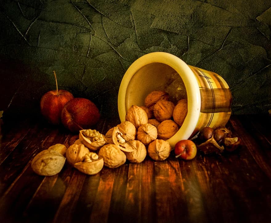 りんご、クルミ、秋、季節の、オーガニック、収穫、フルーツ、フード、木材、閉じる、健康的な食事
