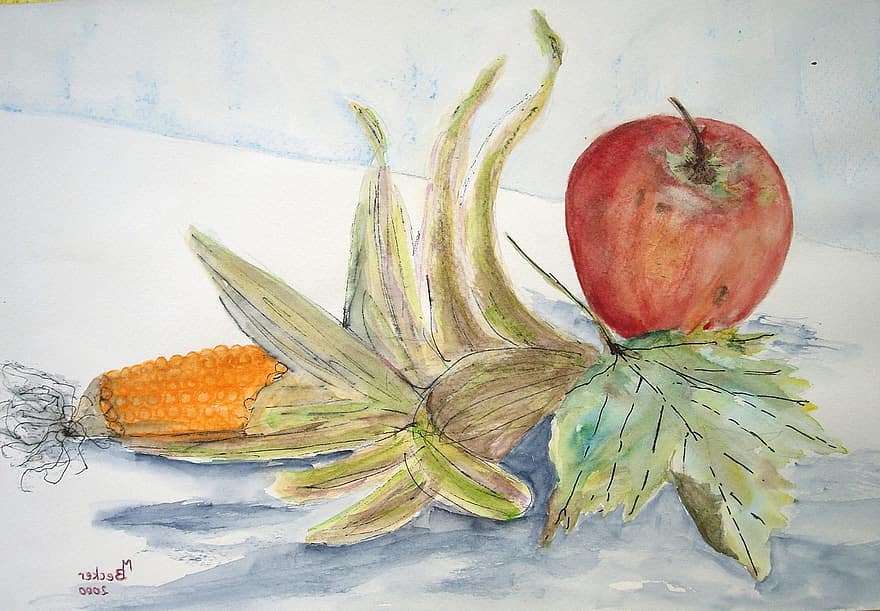 vihannekset, hedelmä, omena, maissi, maalaus, kuva, taide, maali-, väri-, taiteellisesti, kuvan maalaus