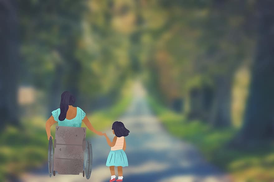 mor och dotter, rullstol, handikapp, förälder, promenad, natur, träd, landskap, parkera