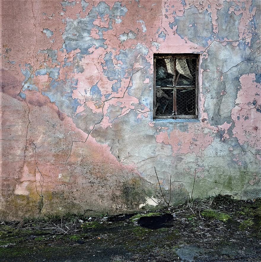 okno, suterén, zlomený, zeď, prasklý, zchátralý, ošuntělý, špinavý, starý, poškozen, architektura