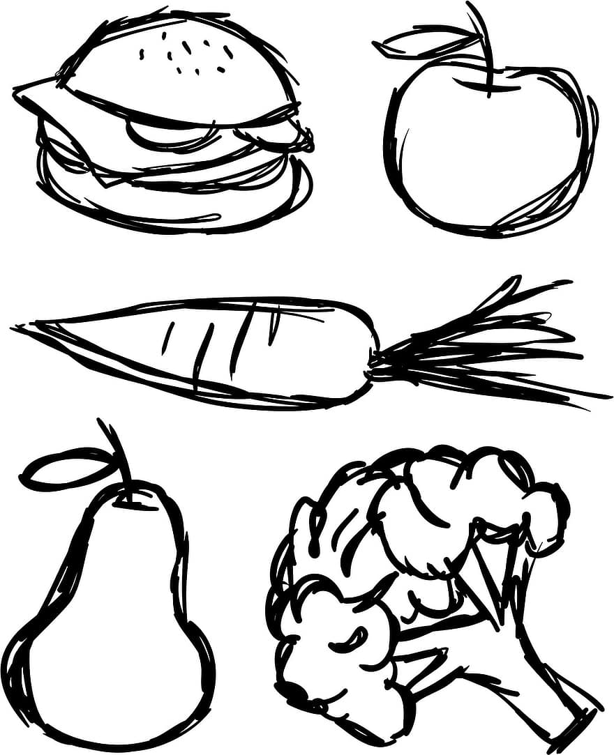 храна, драсканица, скица, чертеж, зеленчуци, ябълка, бургер, морков, броколи, круша