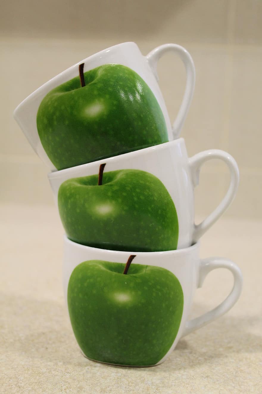 šálky, jablko, zásobník, čajové šálky, zelené jablko, hromada, nádobí, detailní, jablka, pohár