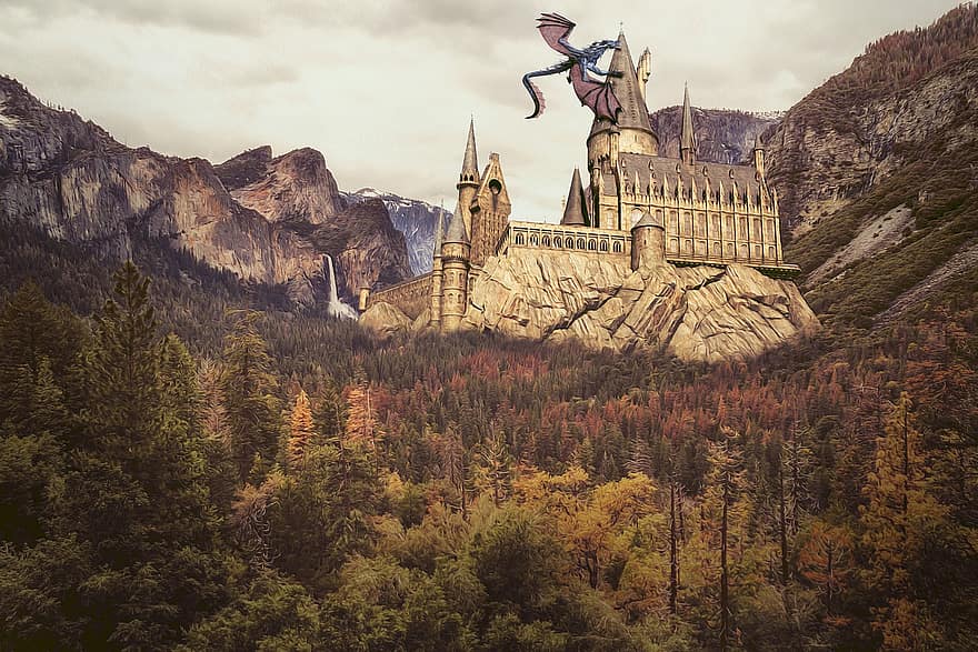 Хогвартс, Дракон, замок, лес, горы, Гарри Поттер, фантастика, картина