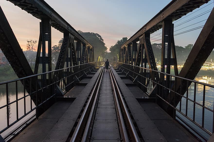 rautatie, auringonlasku, Thaimaa, silta, Kanchanaburi