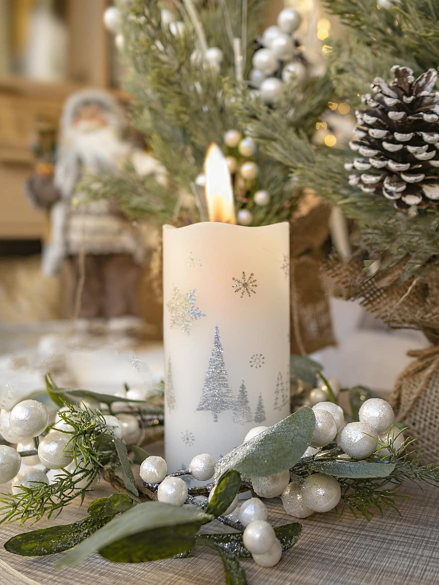 Ziemassvētki, svece, tēma, sezonā, apdare, dekoru, dāvana, svinības, ziemā, koks, fona