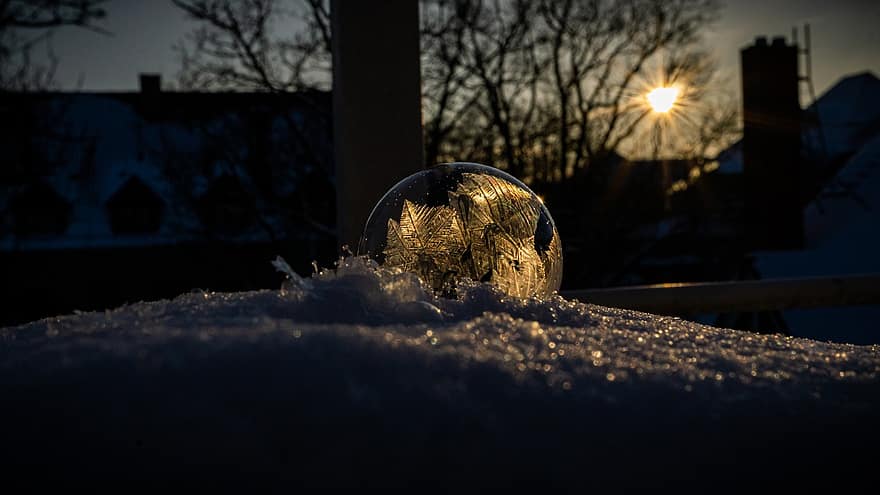 bubbel, bevroren, sneeuw, licht, zonlicht, ijs-, ijskristallen, vorst, winter, zeepbel, bal
