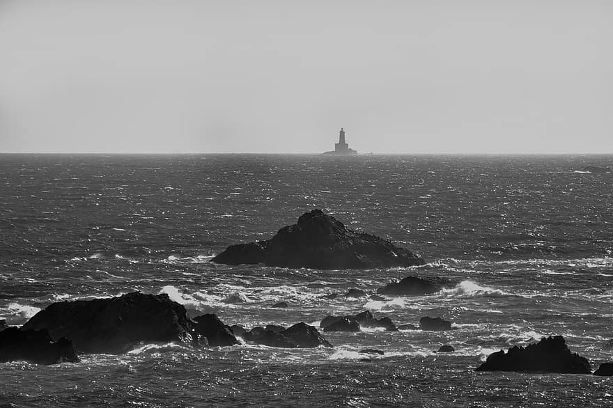 Lighthouse, Sea, Ocean, Rocks, Seascape, Horizon, Black And White, Sky, Water, Scenery