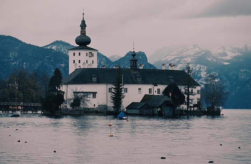 Castle, Palace, Lake, Water, Architecture, Winter, Austria, Gmunden, Traunsee, Ort