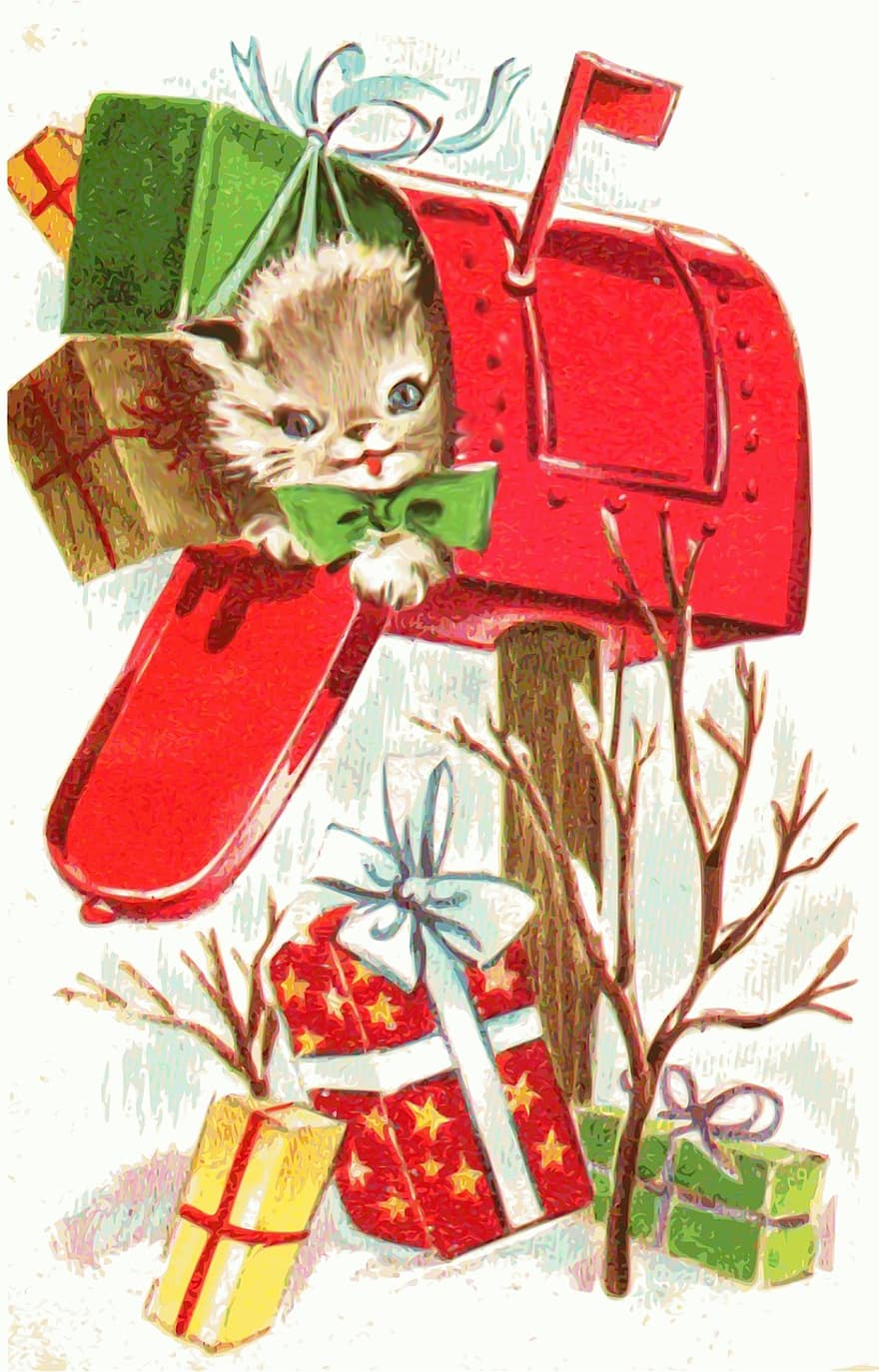 คริสต์มาส, ลูกแมว, สัตว์, ที่ทำการไปรษณีย์, ของขวัญ, ตัวอักษร