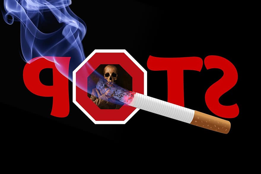 dödskalle och benknotor, skalle, sluta, rökning, cigarett, rök, ohälsosam, missbruk, lungcancer, tobak, mycket beroendeframkallande