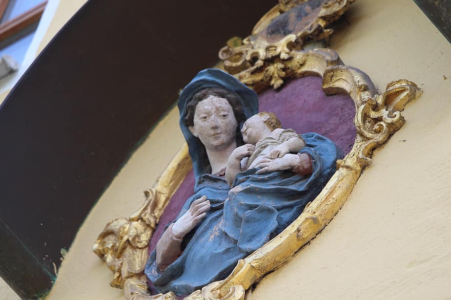 Neitsyt Maria, veistos, seinä, pyhimys, Maria, vauva, Jeesus, madonna, Hausmadonna, vanha kaupunki, Altstadt