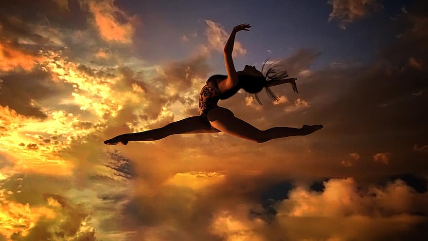 menari, melompat, yoga, matahari terbenam, bayangan hitam, wanita, gadis, keseimbangan, latihan, musim panas, laut