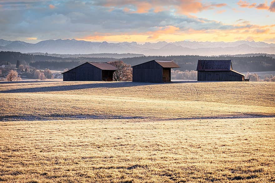 granges, ferme, hiver, paysage, Prairie, la nature, les montagnes, humeur matinale