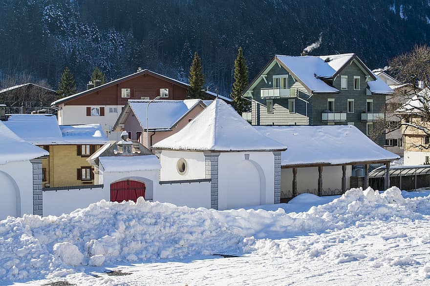 село, сгради, зима, сняг, къщи, снежна преспа, град, архитектура, Енгелберг