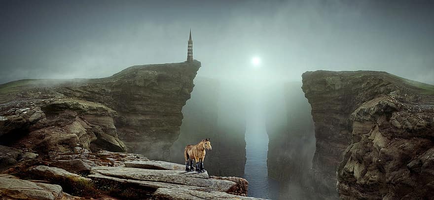 krajobraz, Natura, fantastyczny, słońce, nastrój, światło, mgła, skała, klify, wieża, koń