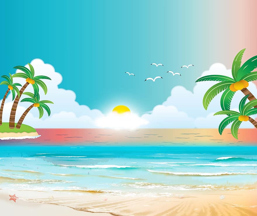 خلفية الشاطئ ، البحر ، محيط ، أشجار النخيل ، غروب الشمس ، طيور النورس ، شاطئ بحر ، ماء ، الصيف ، ساحل ، سماء