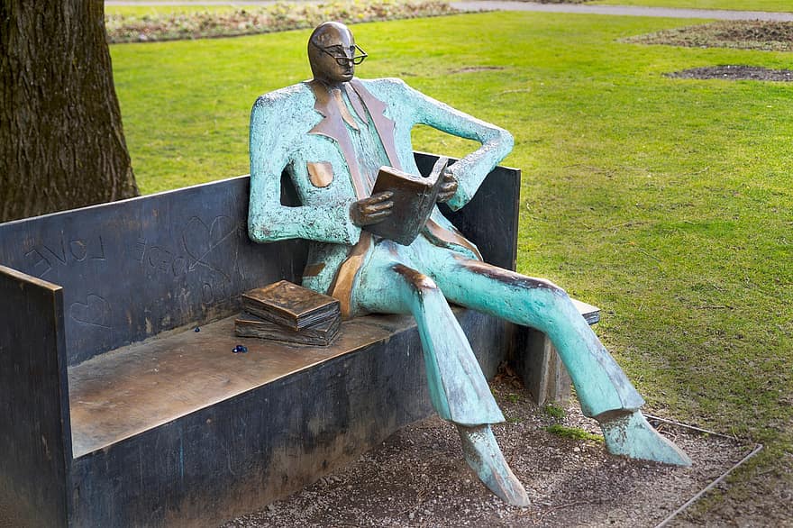 лава, статуя, бронза, парк, художня робота, скульптура, людина, книга, читання, розслабитися, чоловіки