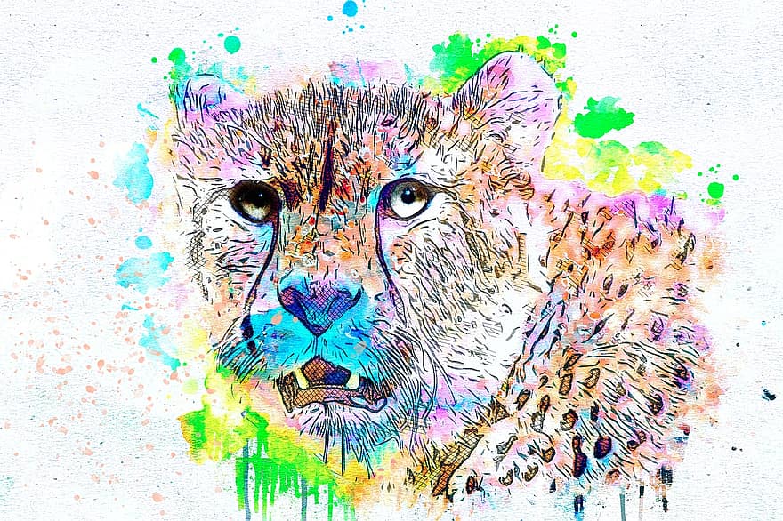 gepard, djur-, vild, konst, vattenfärg, årgång, katt, natur, färgrik, t-shirt, konstnärlig