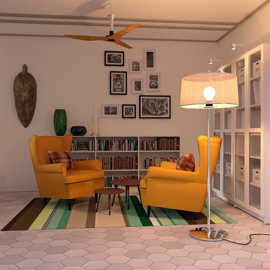 kambarys, skaitymas, kėdės, šviesa, knygos, kilimas, lentelė, lempa, deco, nuotraukos, grindys