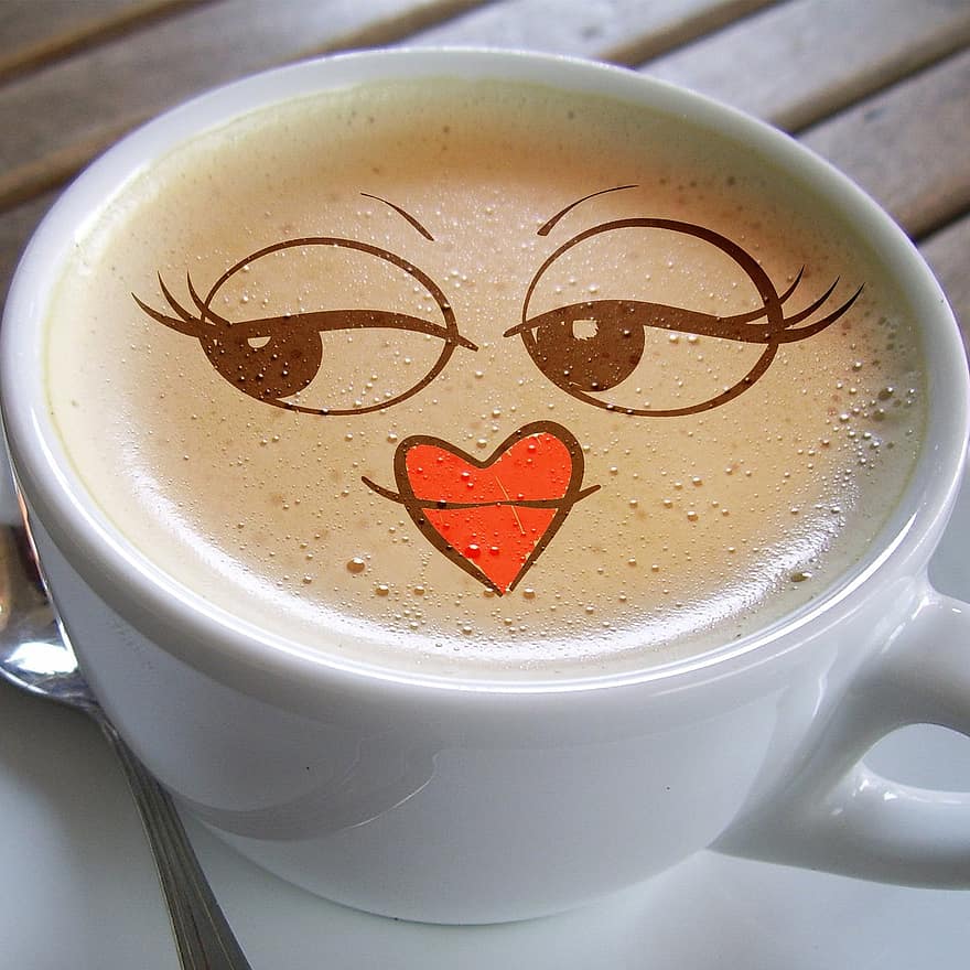 cangkir, kopi, busa, café au lait, tersenyum, tertawa, kegembiraan, senang, puas, busa kopi, cangkir kopi