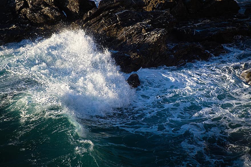 bølger, bølge, hav, storm, recco, vann, blå, sommer, kystlinje, stein, surf