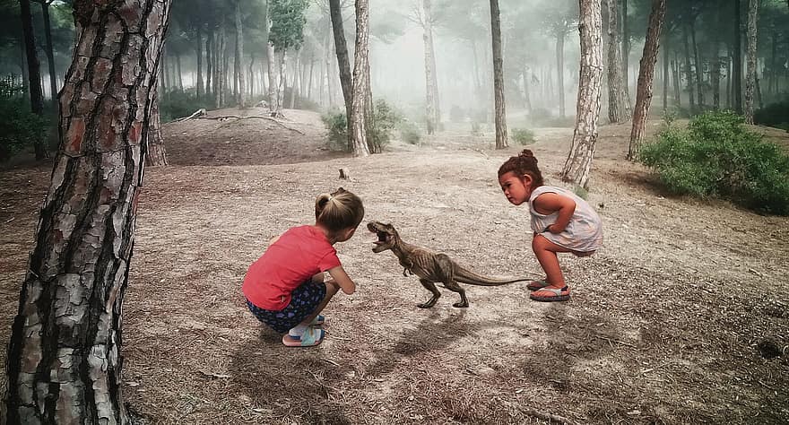 t Rex, barn, flickor, att spela, dinosaurie, nyfikenhet