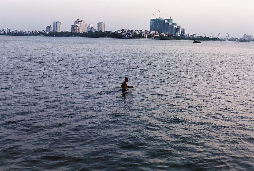 Afternoon, Fishing, West Lake, Hanoi, Vietnam, water, men, summer, one person, women, sunset