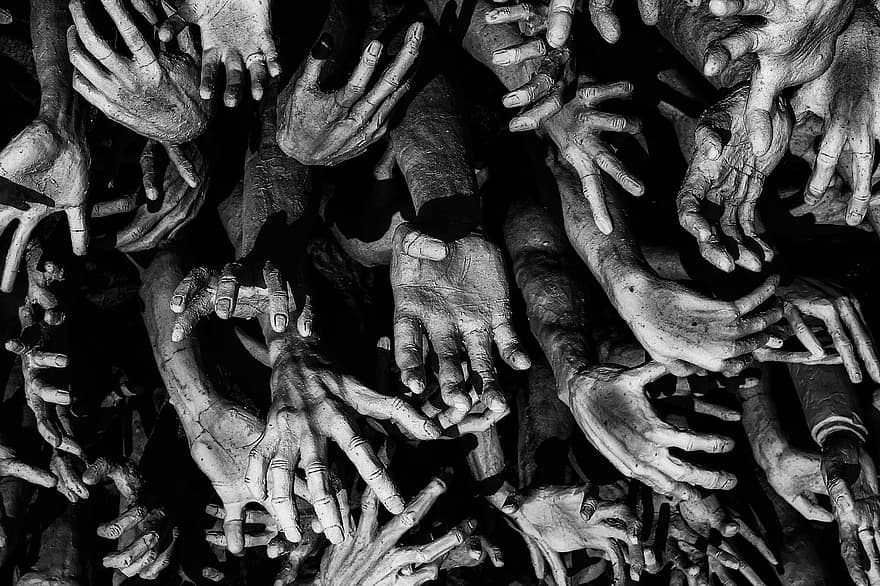 hænder, uhyggelig, monokrom, skulptur, kunst, rædsel, arbejdere, fange, mennesker, fanger, mørk