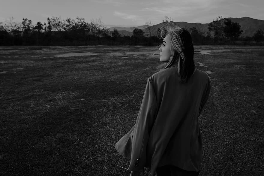 Woman, Field, Meadow, Model, Sunset, Fashion, women, one person, adult, black and white, lifestyles