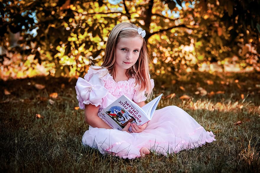 राजकुमारी, लड़की, पुस्तक, घास का मैदान, घास, परिधान, कहानी, बच्चा, युवा, महिला, बचपन