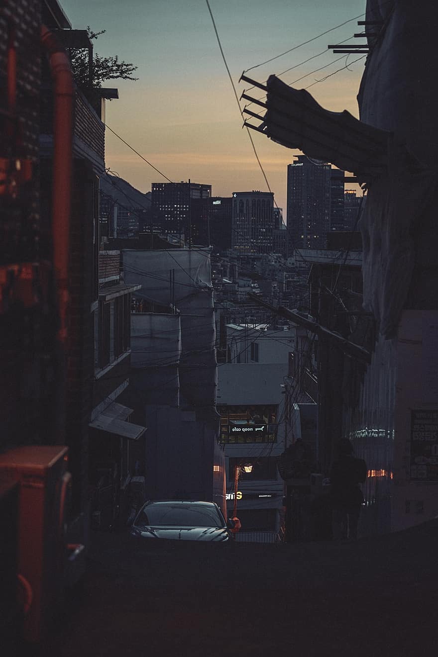 Νότια Κορέα, δρόμος, σούρουπο, η δυση του ηλιου, Σεούλ, πόλη, τοπίο, κινηματογραφική φωτογραφία, Νύχτα, αστικό τοπίο, αυτοκίνητο