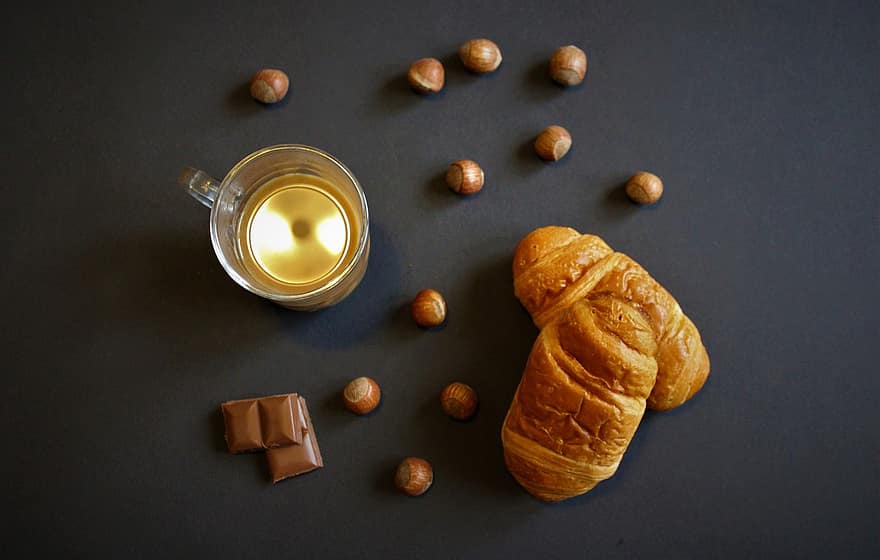 Croissant, Coffee, Hazelnuts, Refreshment, close-up, food, backgrounds, freshness, gourmet, dessert, snack