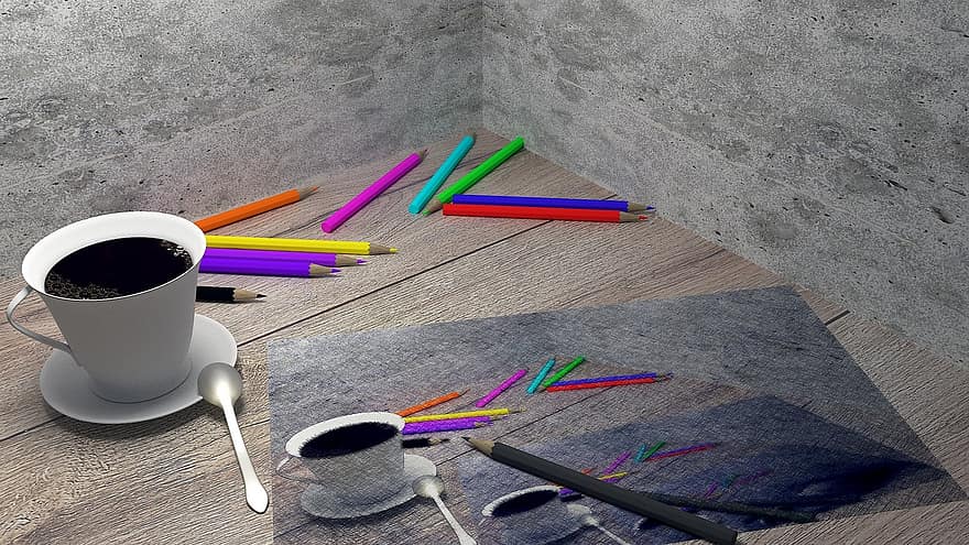 олівці, кава, малюнок, філіжанка кави, кольорові олівці