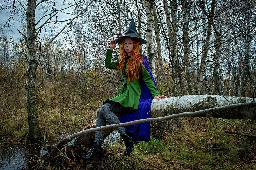 witch, halloween, road, autumn, forest, women, tree, one person, october, leaf, smiling