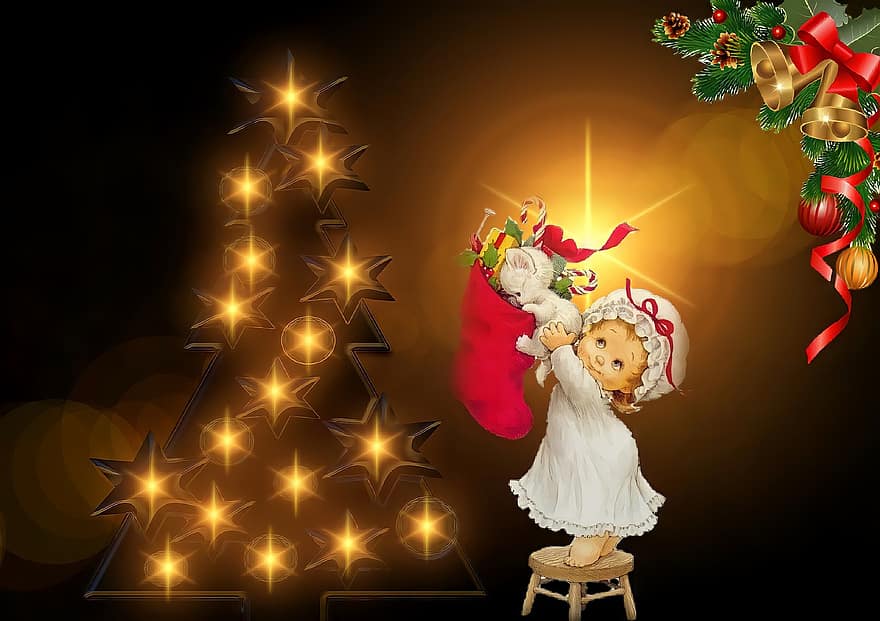 jul, ängel, brun, guld-, julängel, julgran, gåvor, firande, dekoration, träd, söt