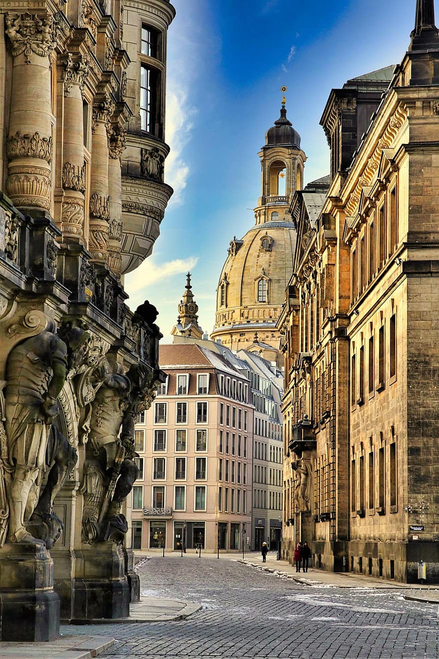 ciel, Contexte, fond d'écran, Dresde, immeubles, rue, route, ville, architecture, église, Frauenkirche Dresden
