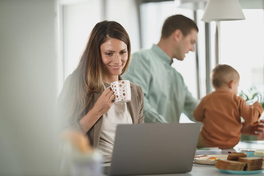 working, family, parents, mother, breakfast, morning, coffee, laptop, home, office, business