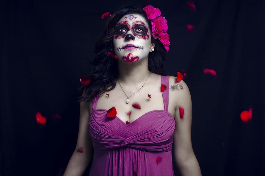 ハロウィーンの衣装、カトリーナ、ムルテ、メキシコ人、頭蓋骨、ハロウィン、死、コスチューム、面、化粧、お祝い