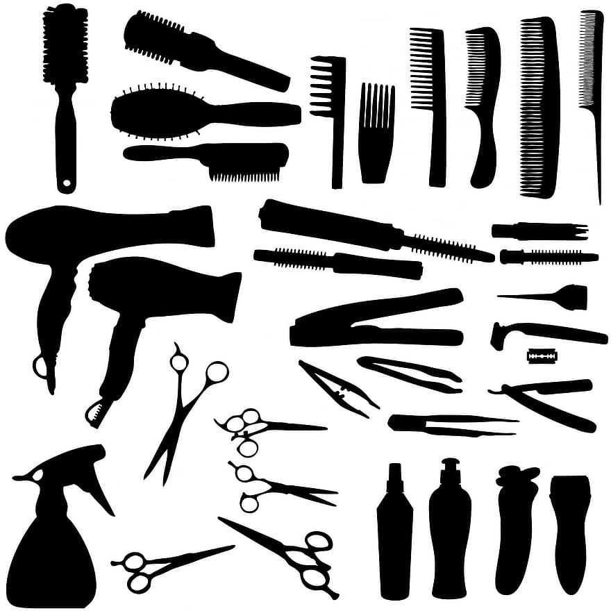secador de cabelo, escova de cabelo, escova, pente, cabelo, pinças, Straighteners, Preto, silhueta, produtos, loção