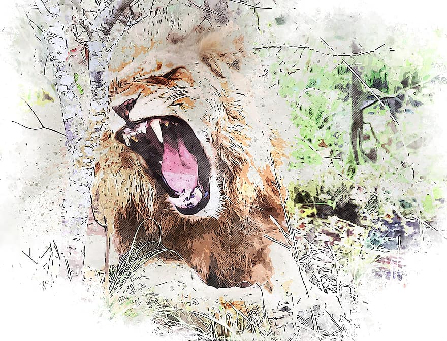 Lion, Wild, Roar, Art, Watercolor, Vintage, Cat, Animal, T-shirt, Artistic, Design