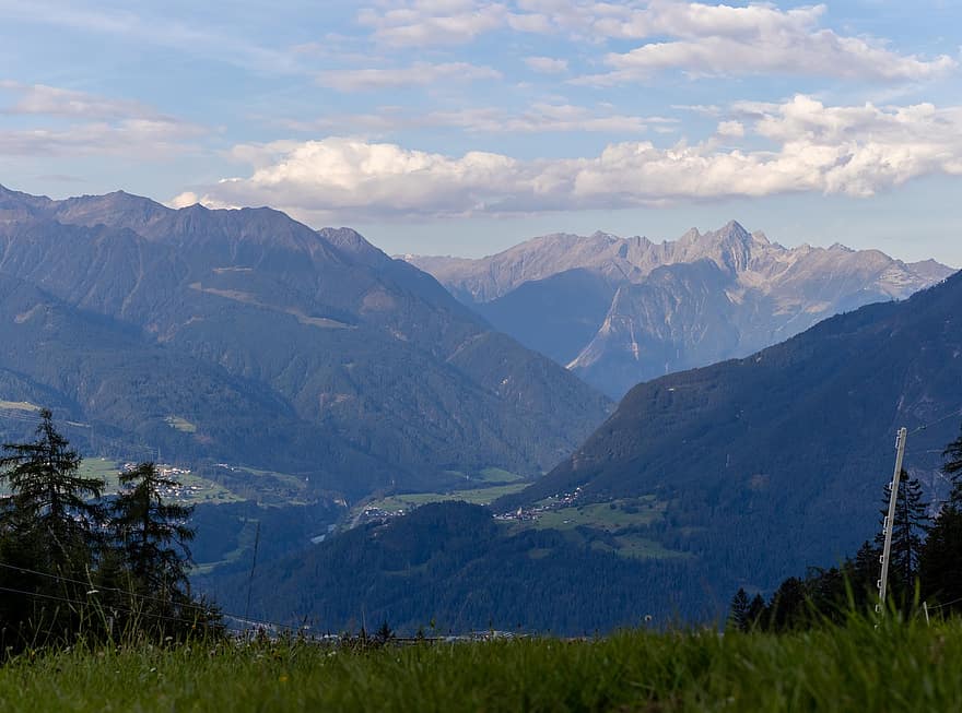 hegyek, falu, imst, völgy, Gurgltal, Tirol, Ausztria, köd, csúcstalálkozó, csúcs, tájkép
