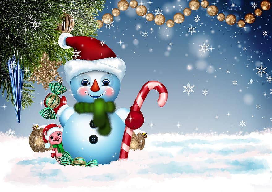 нова година, снежен човек, пощенска картичка, заден план, зима, празник, украса, топки, венец, дърво, радост