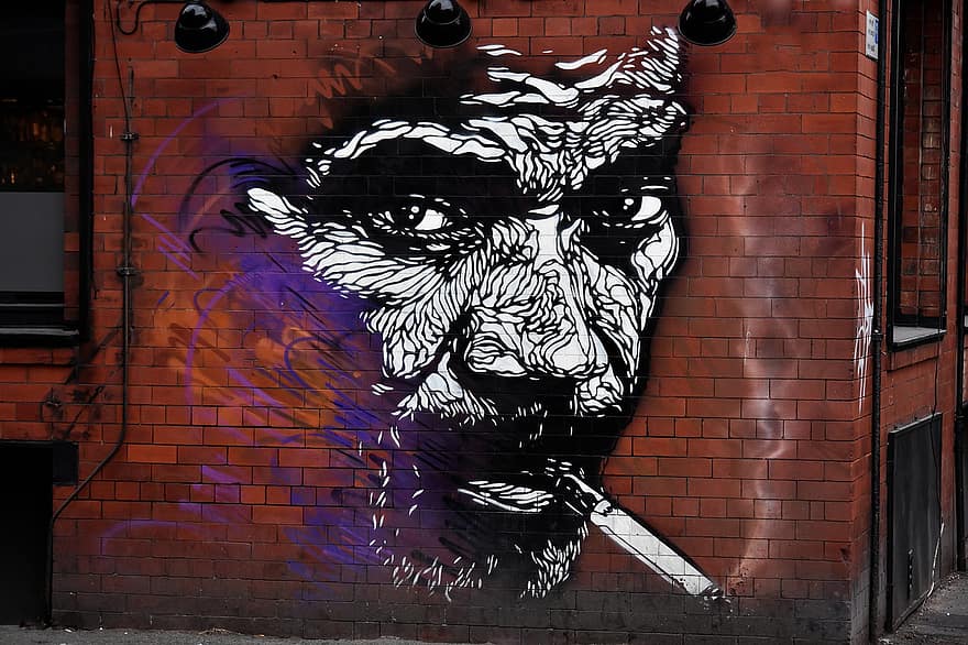 gadekunst, graffiti, kunst, mand, rygning, vægmaleri