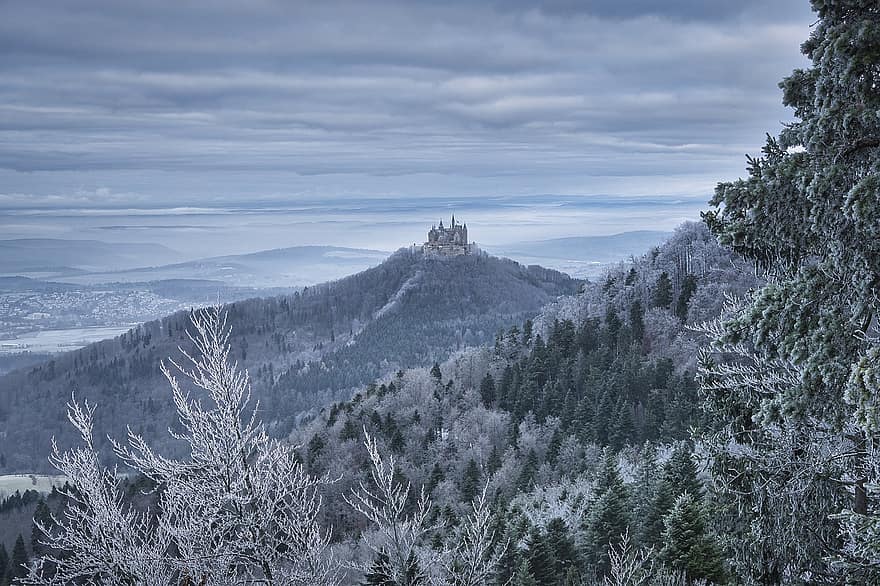 castell, edat mitjana, boira, neu, gelades, hohenzollern, hivern, paisatge, muntanya, bosc, arbre