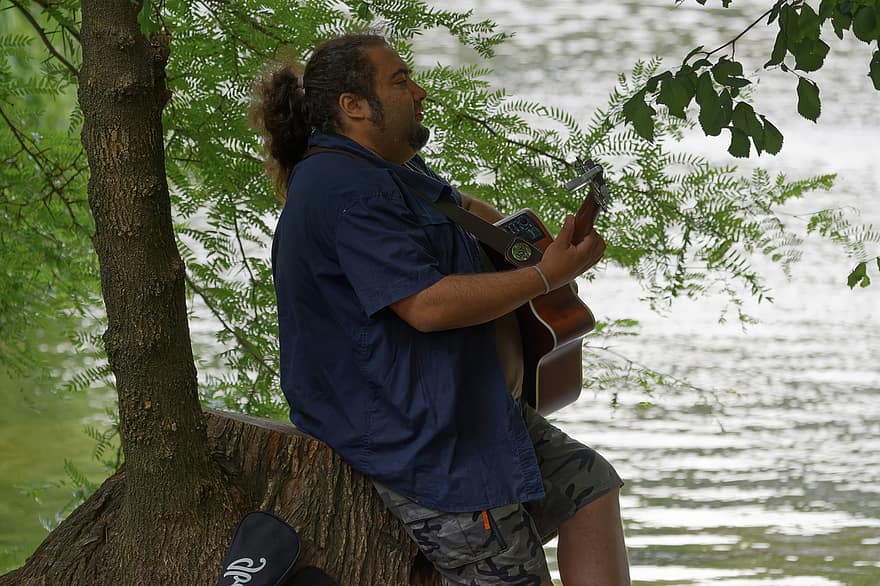 hombre, guitarrista, a orillas del lago, guitarra, instrumento musical, jugando, música, al aire libre, naturaleza