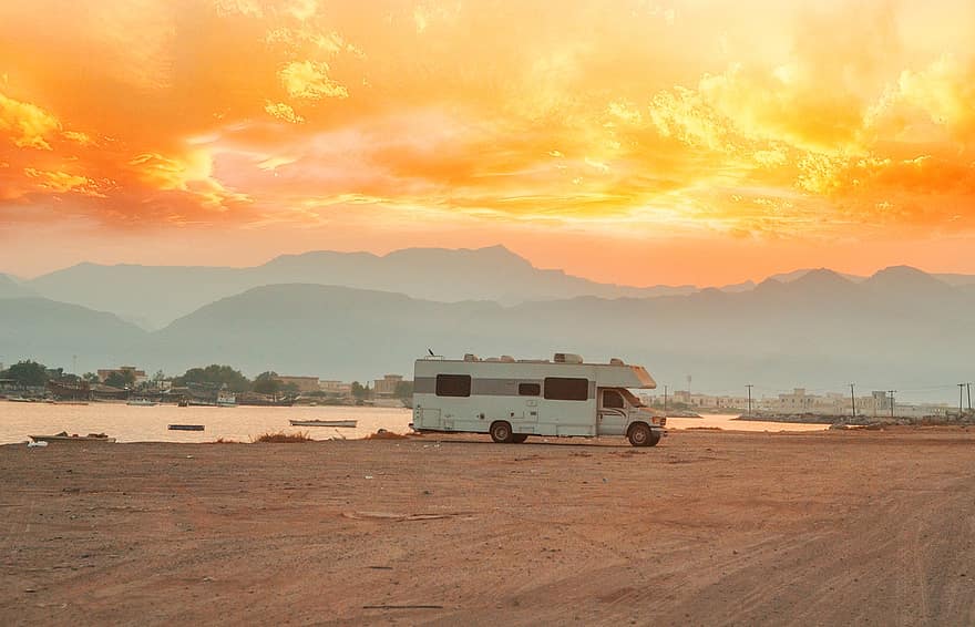 caravana, acampamento, aventura, passeio, motor, crepúsculo, céu, panorama, verão, carro, por do sol