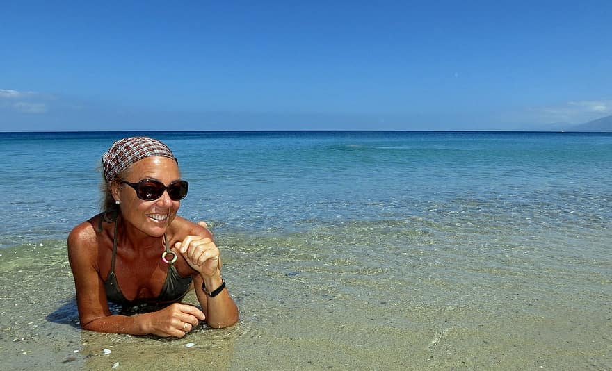 женщина, солнечные ванны, воды, пляж, море, женский пол, женщина на пляже, песок